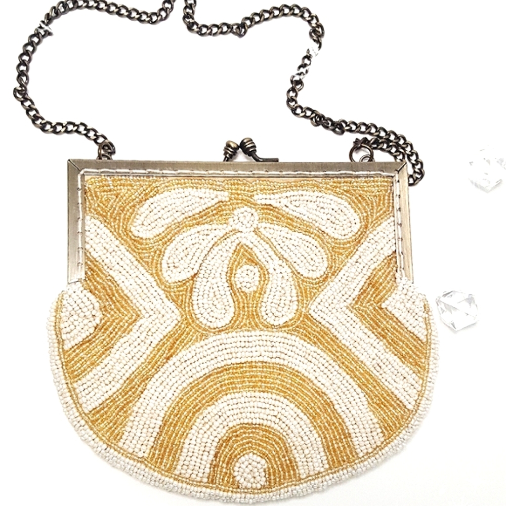 Vintage♥️Cream Gold Sequin Beaded Handbag|Clutch Purse|Evening Bag